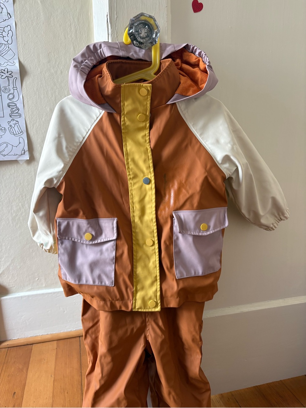 Zara Orange, Cream & Lavender Kids Hooded Raincoat with Yellow Trim
